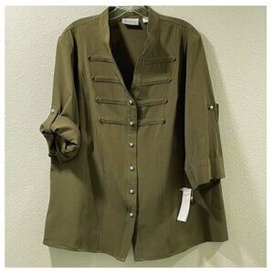 NWT KATHY CHE 3/4 Sleeve Button Front Pleated Woven Blouse Olive Women 14/16